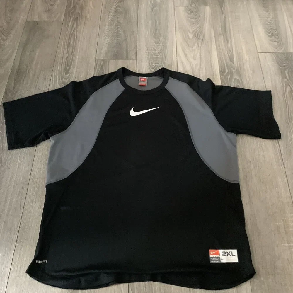 NEW Nike Athletic Top Mens‎ 2XL Black Gray Team FIT DRY Center Swoosh Stretch